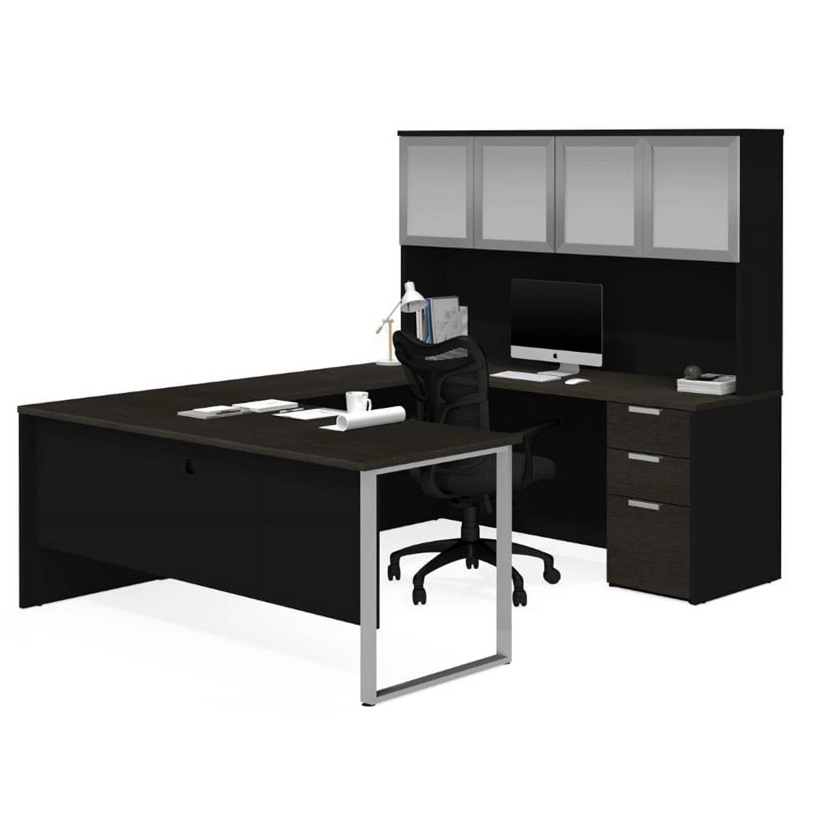 Pemberly Row U Desk with 4 Door Hutch in Deep Gray and Black