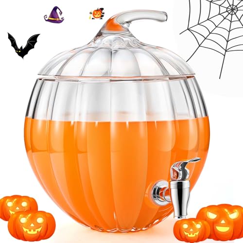 Uiifan 1.7 Gallon Glass Pumpkin Drink Dispenser Jar for Fall Halloween Thanksgiving Party Decor, Pumpkin Fall Candy Dish, Punch Bowl, Pitcher, Glass Drink Dispenser with Lid, Trick or Treat Jar