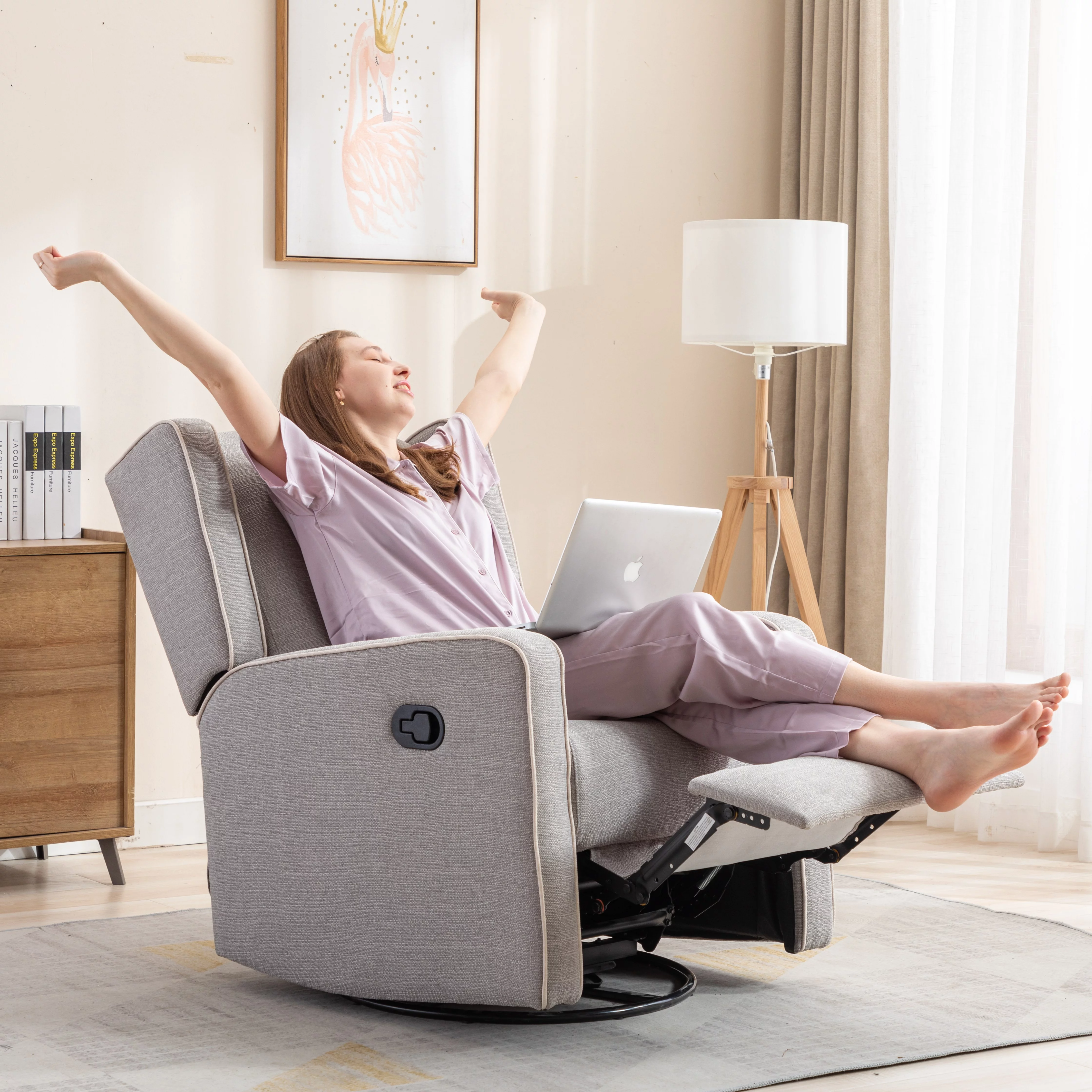 Bonzy Home Swivel Rocker Recliner Chair, Manual Reclining Chair, Single Seat Reclining Chair, Gray