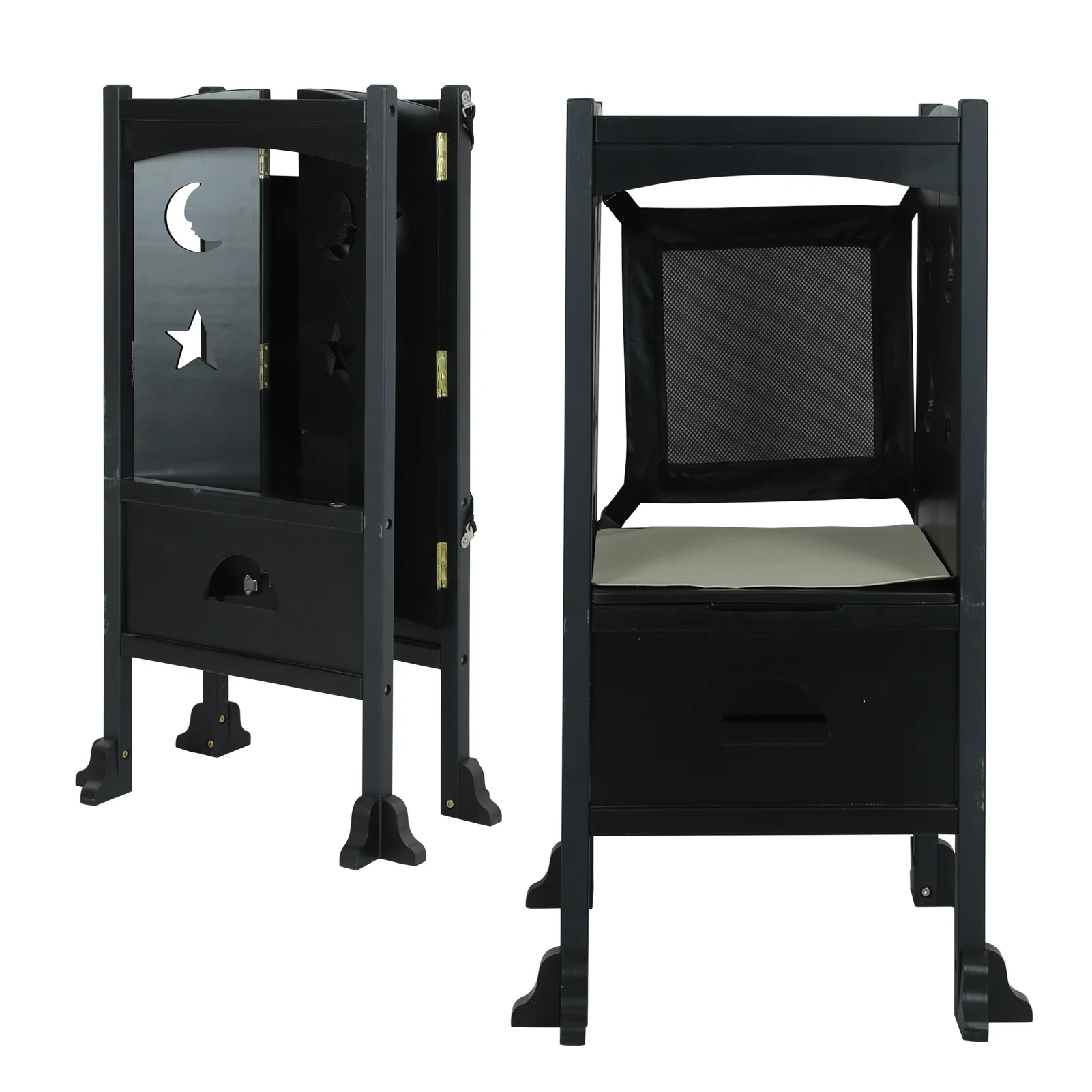 Fionafurn Wooden Kitchen Step Stool, Folding Toddler Stool Counter Kids Kitchen Step Stool,Black