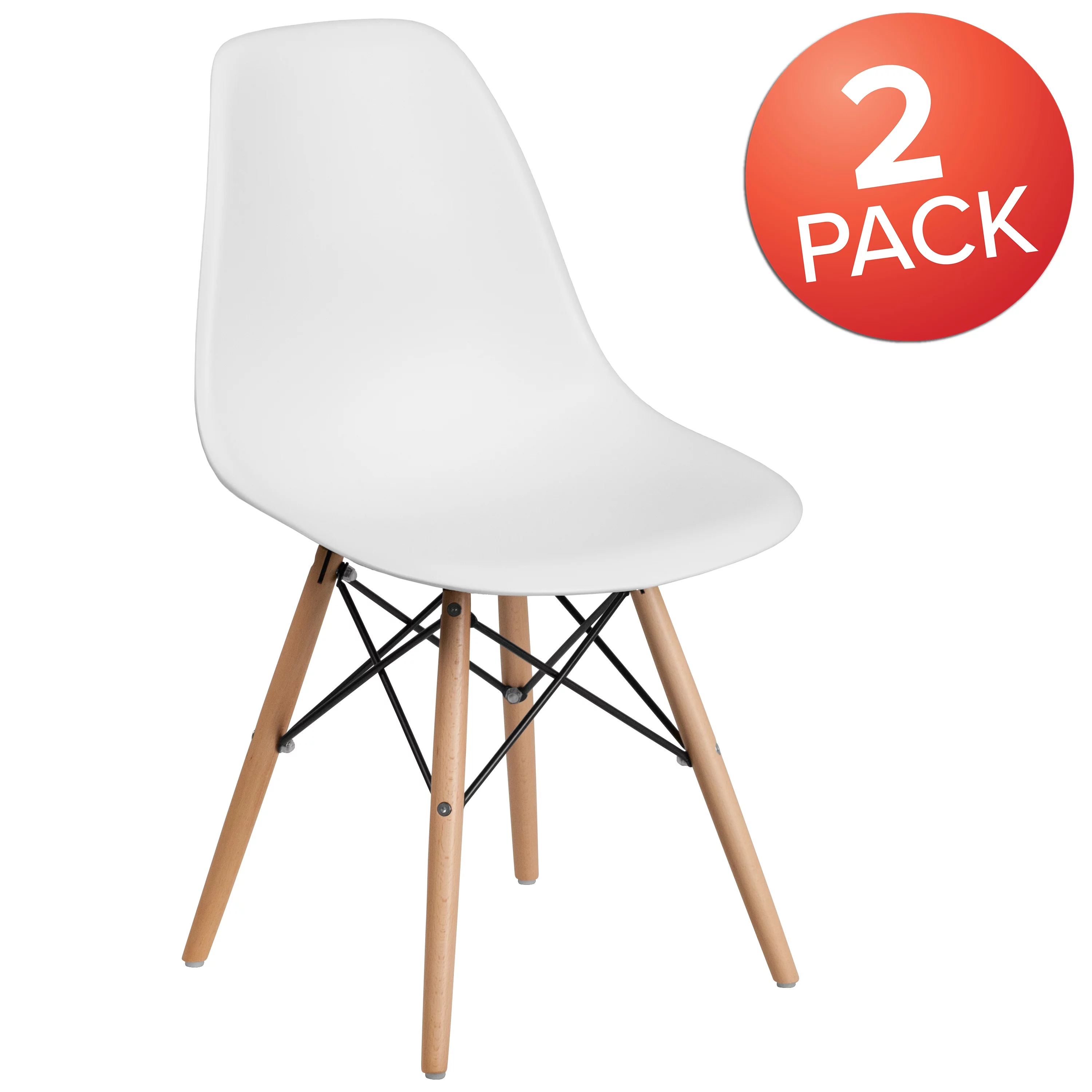 BizChair 2 Pack White Plastic Chair with Wooden Legs