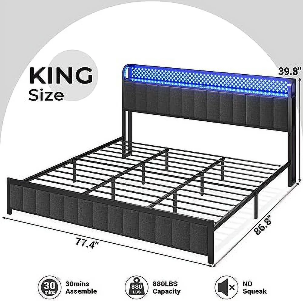 HOOMZNB Queen LED Bed Frame with  Headboard  Queen Size Bed Frame with Outlets & USB Ports  Upholstered Platform Bed with LED Lights &  Space  No Box Spring Needed Dark Grey