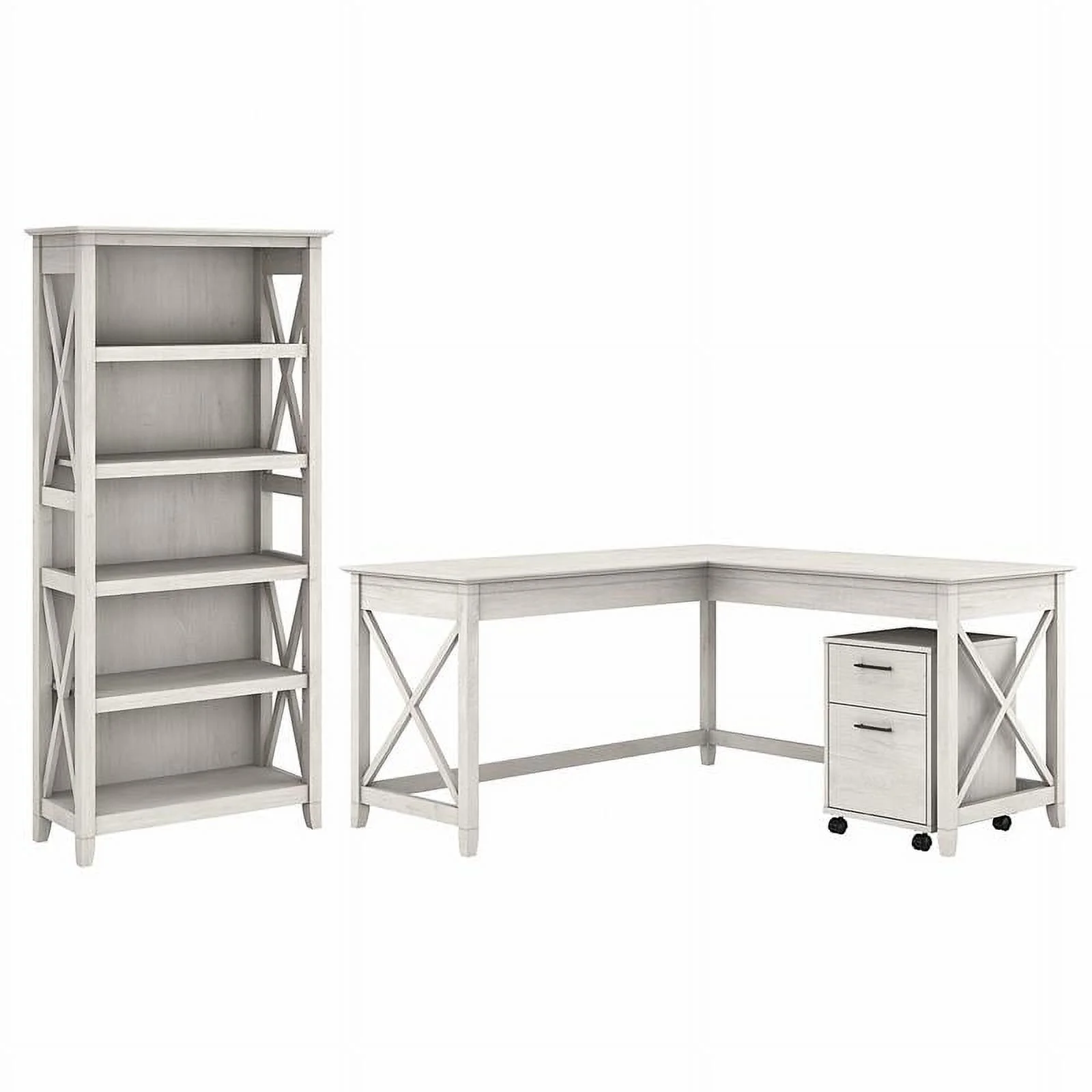 Pemberly Row L Shaped Desk with Drawers & Bookcase in White - Engineered Wood