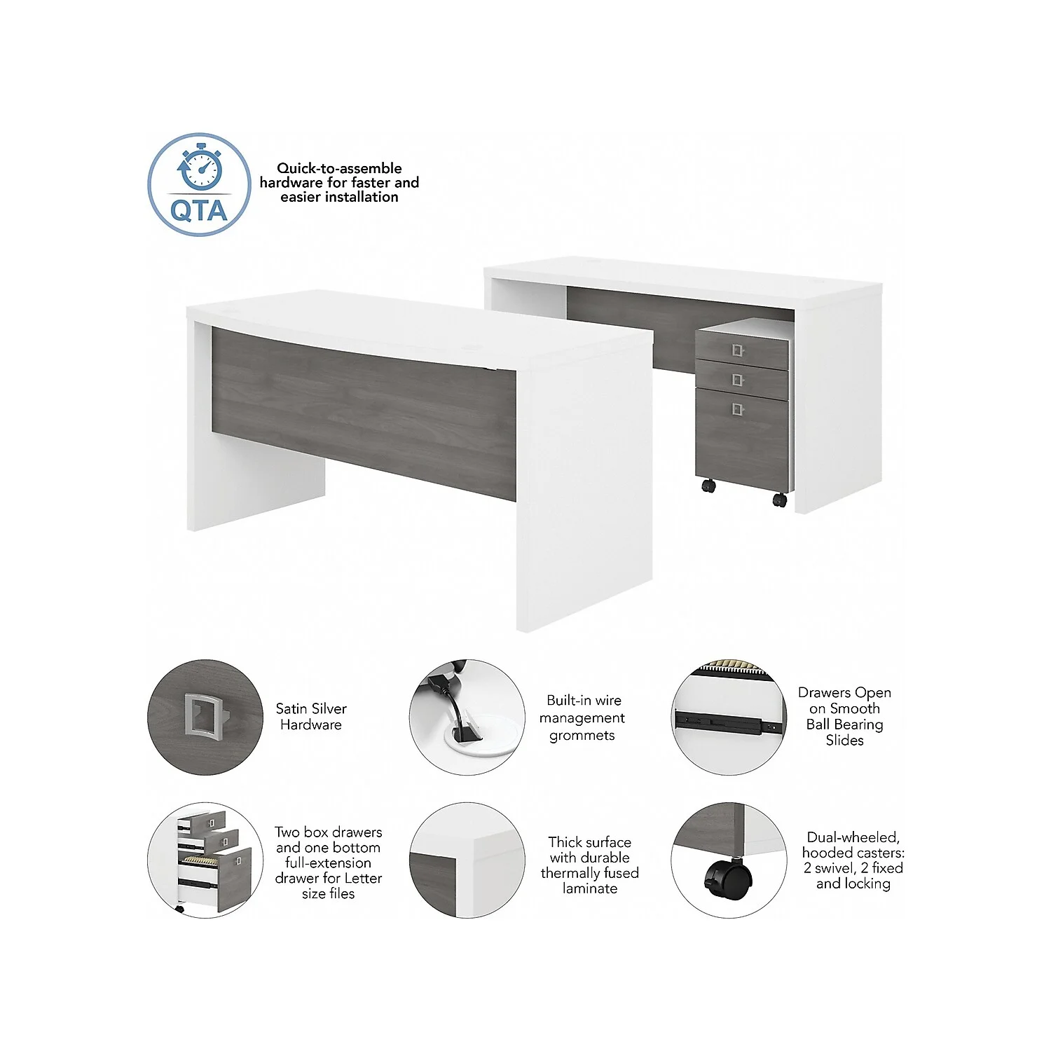 Bush Business Furniture Echo Bow Front Desk and Credenza with Mobile File Cabinet Pure White/Modern