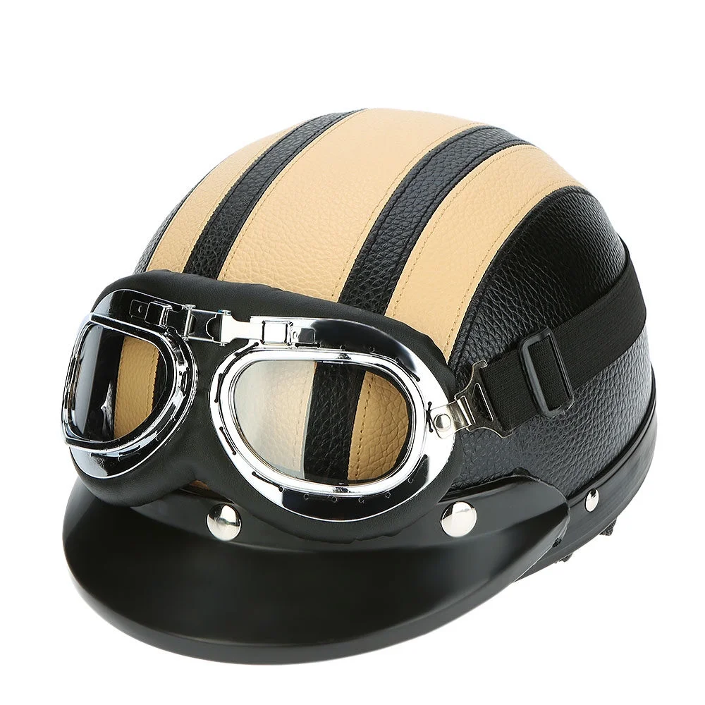 Motorcycle Scooter Open Face Half Leather Helmet with Visor UV Goggles Retro Vintage Style 54-60cm