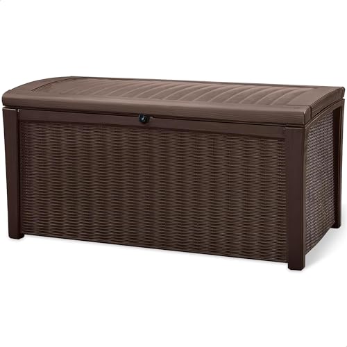 Keter Outdoor Storage Deck Box, for Patio, Backyard & Garden, Borneo, 110 Gallon, Brown - Lockable, Organizing, and Waterproof Plastic Container Bench