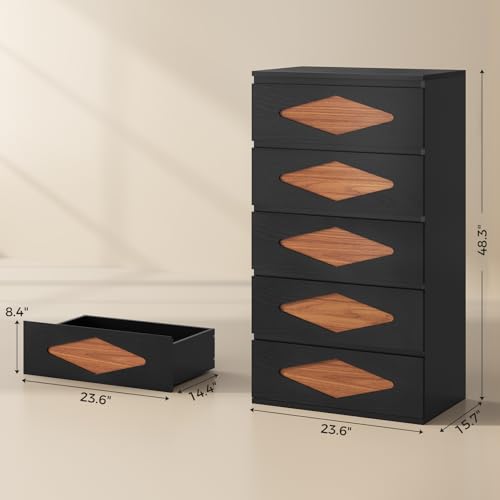 48.3'' Tall Dresser for Bedroom, 4 Chest of Wooden Deep Drawers, Vintage Dresser, Closet Storage Dressers Organizer for Bedroom, Living Room, Hallway (Black+Brown)