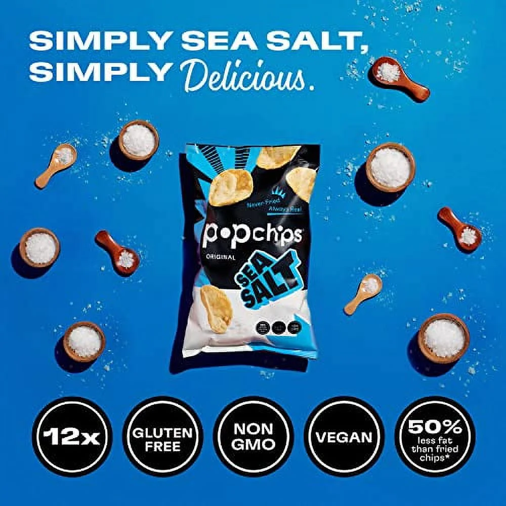 Popchips Potato Chips, Sea Salt, Gluten Free, Single Serve 0.8 oz Bags (Pack of 12)