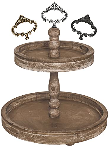 2 Tiered Tray Stand [Includes 3 Changeable Handles] - Rustic Cupcake Stand, Coffee Table Tiered Serving Tray for Kitchen Counter, Stunning Rustic Home Decor, Display Fruits, Plants, Candles (Black)