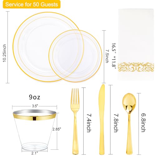 I00000 350Pcs Gold Dinnerware Set for 50 Guests, Gold Plastic Plates for Party, Include: 100 Disposable Plastic Plates, 50 Paper Napkins, 50 Cups, 50 Silverware Set Perfect for Party & Wedding