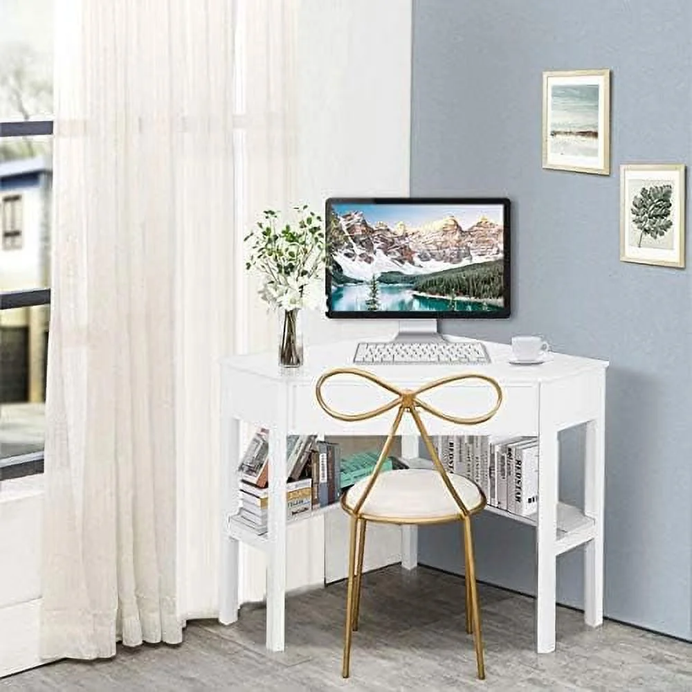 KHBIULIFE Corner Desk for Small Space  Compact Writing Table with Drawer and Shelves  Space Saving Study Modern Workstation  Laptop Corner Computer Desk for Home  Office (White&Natura