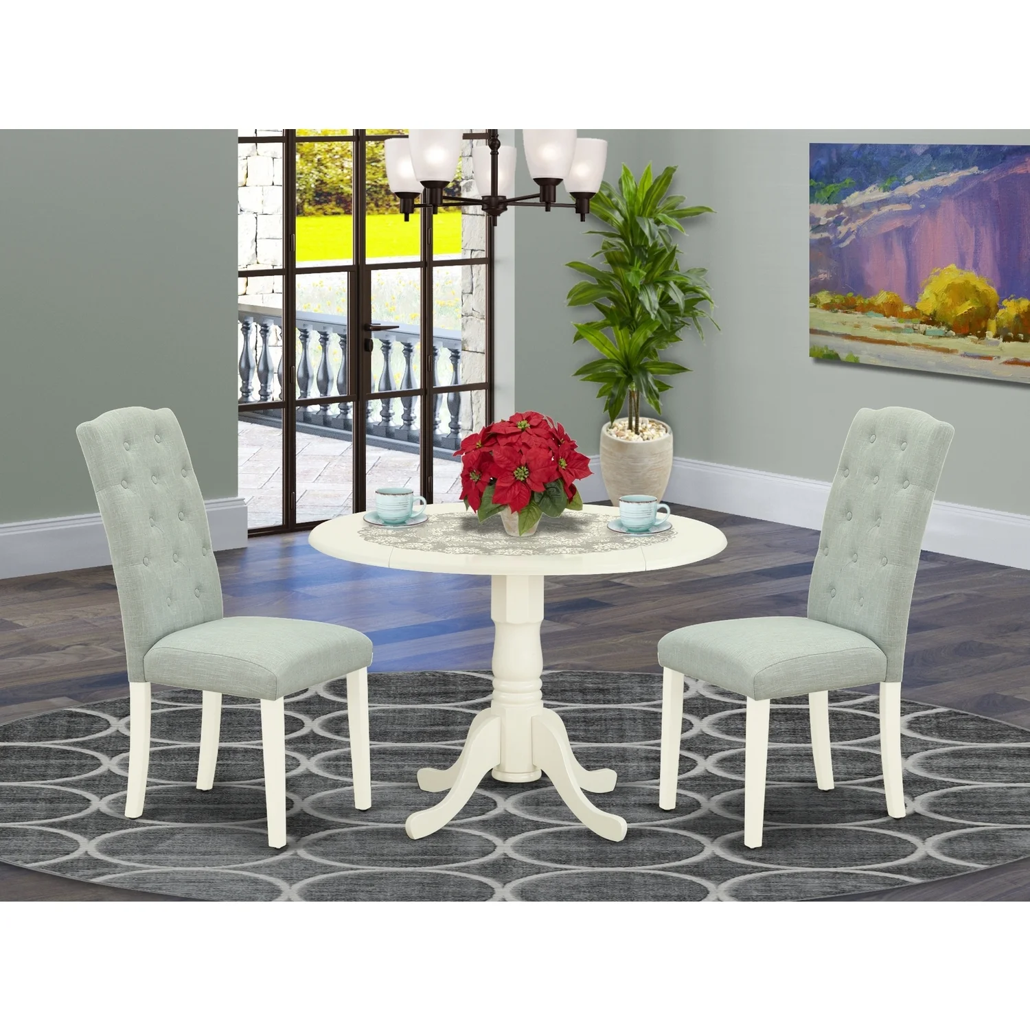 HomeStock Contemporary Cool 3Pc Dinette Set Includes A Small Rounded Kitchen Table With Drop Leaves And Two Parson Chairs With Baby Blue Fabric, White Finish