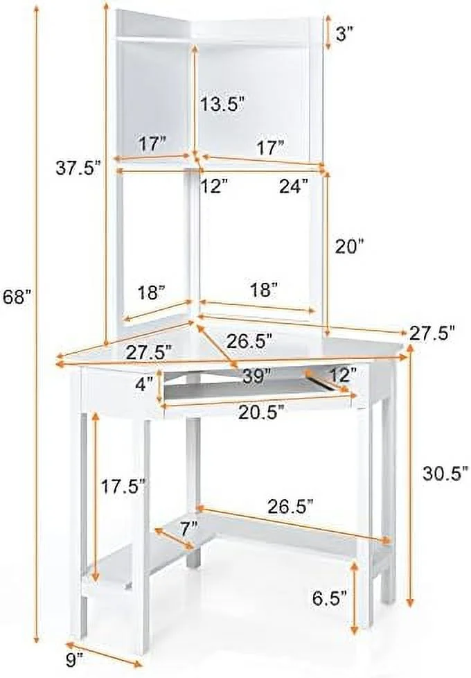 HOOMHIBIU Corner Desk with Hutch  Desk with Shelves with Keyboard Tray; Bookshelves for Small Space  Space Saving Corner Writing Desk with  Shelves for Bedroom(White)