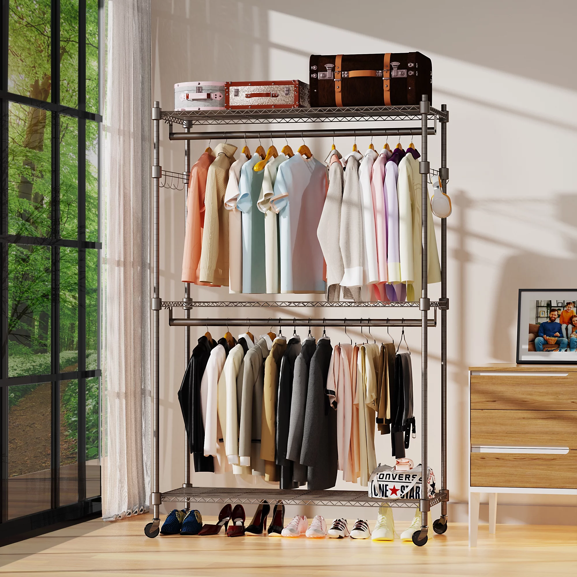 Garment Rack 3 Tiers Heavy Duty Clothes Rack Rolling Free-Standing Clothing Closet Rack Organizer Storage Shelves with 2 Rods/Lockable Wheels/2 Side Hooks