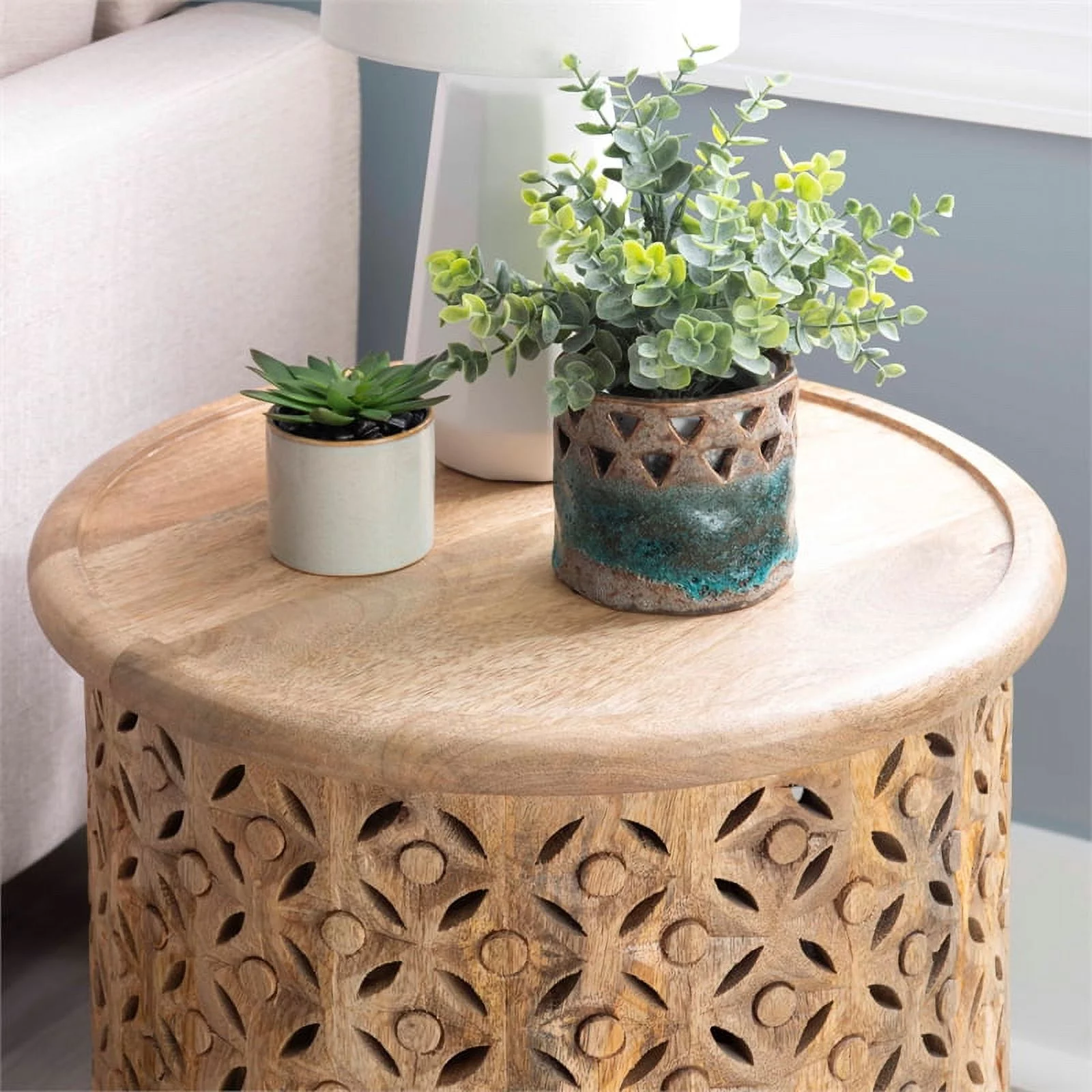 Pemberly Row Transitional Mango Wood Side Table in Natural