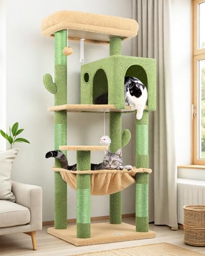 Globlazer Cat Tree Tower with Scratching Post for Indoor Cats, 53inch Tall Plush Multi-Level Cat Climbing Tower Condo House with Large Hammock, Spacious Cat Cave, Big Padded Top Perch Bed, F53, Beige
