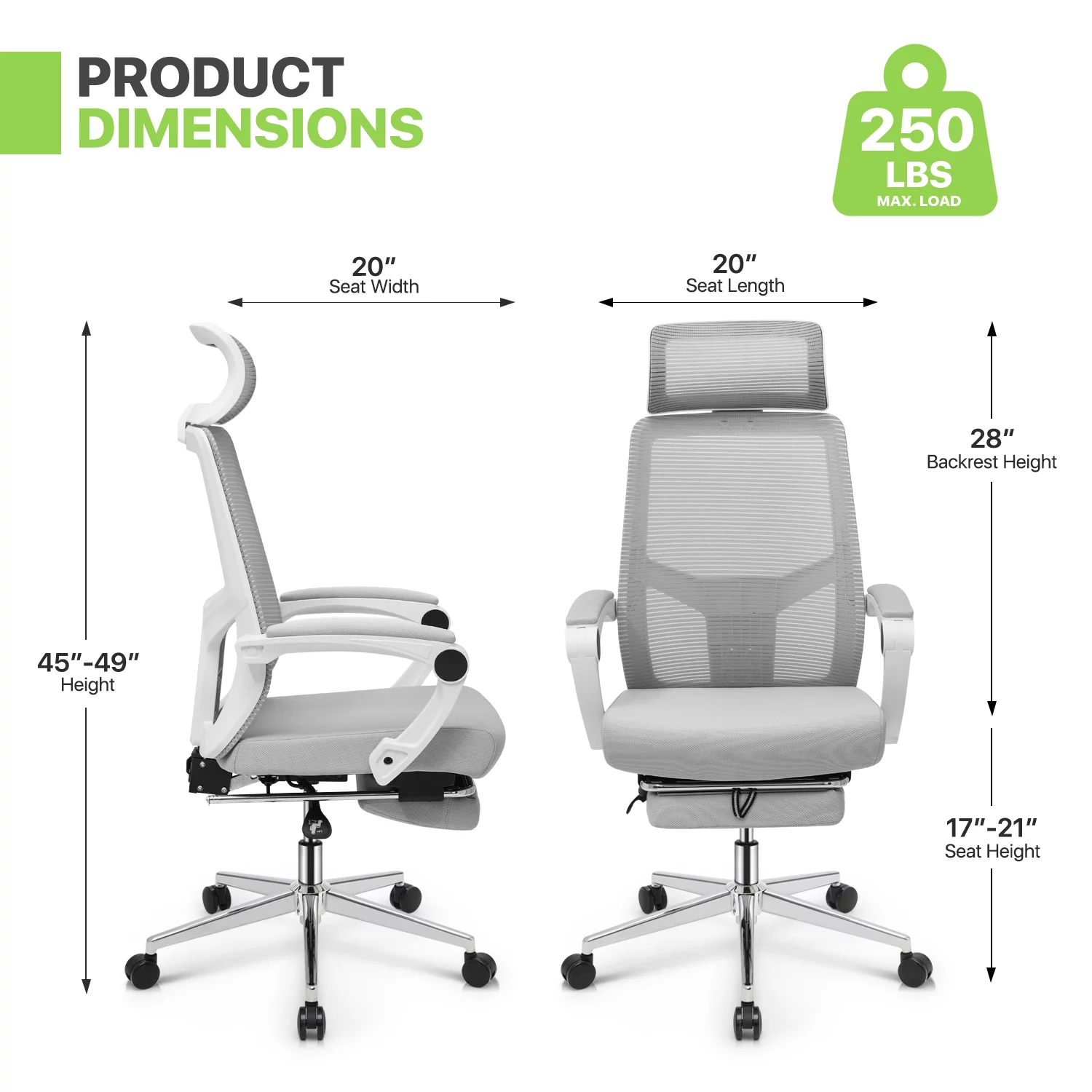 Magshion Ergonomic Office Executive Chair, Adjustable High Back Seat with Headrest & Footrest for Home Office, Grey