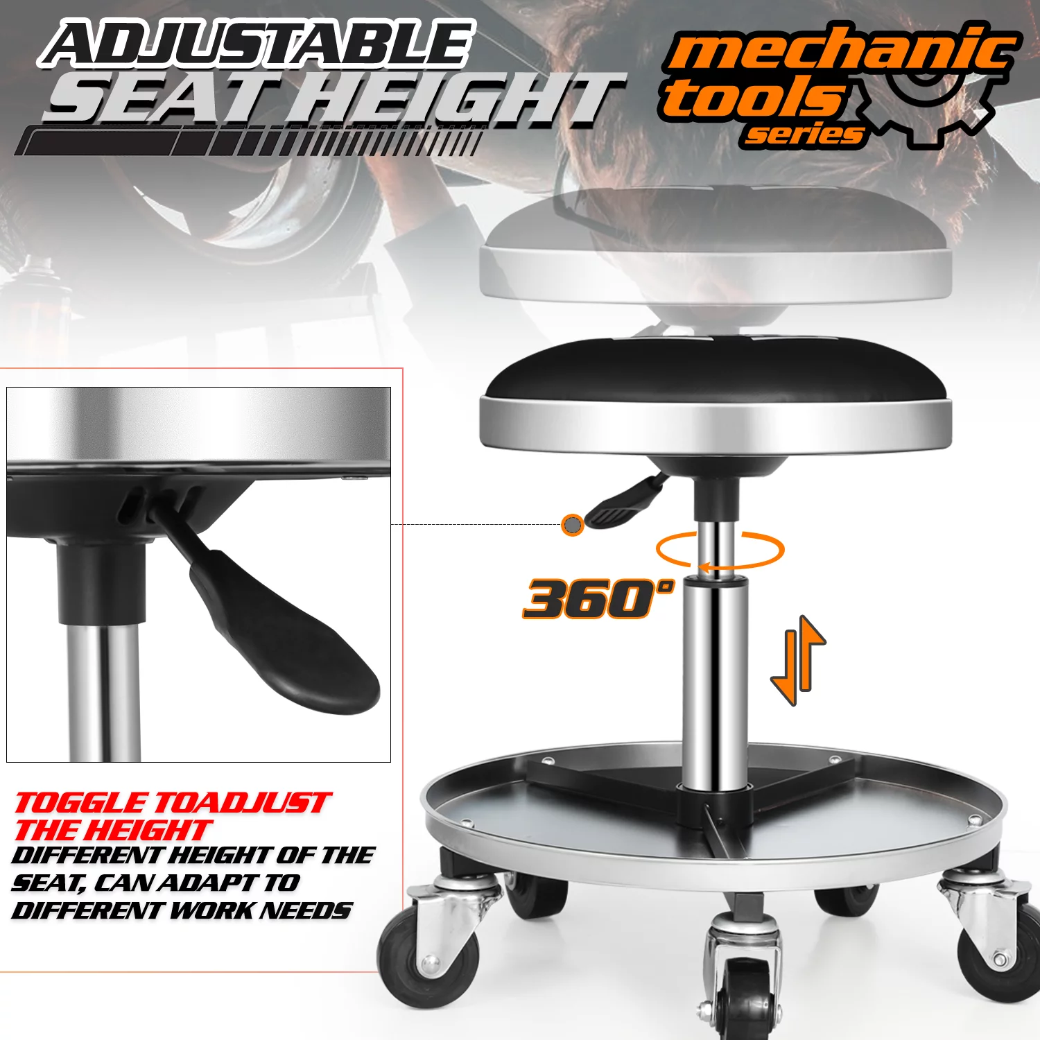 M-AUTO Heavy-Duty Adjustable Mechanic's Roller Seat Rolling Stool with Wheels & Tool Tray, 300 lbs Capacity - Black