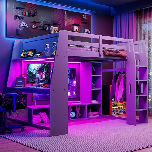 SOFTSEA Full Size Loft Bed with Desk and Storage, Solid Wood Loft Bed with Open Wardrobe and Multi-Storage Shelves, Full Gaming Bed with LED Lights for Adults Kids Teens, Grey