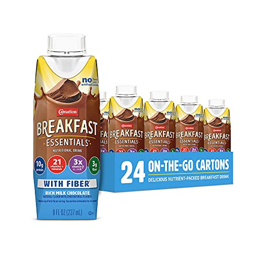Carnation Breakfast Essentials Ready to Drink with Fiber, Rich Milk Chocolate, 8 FL OZ Carton (Pack of 24)