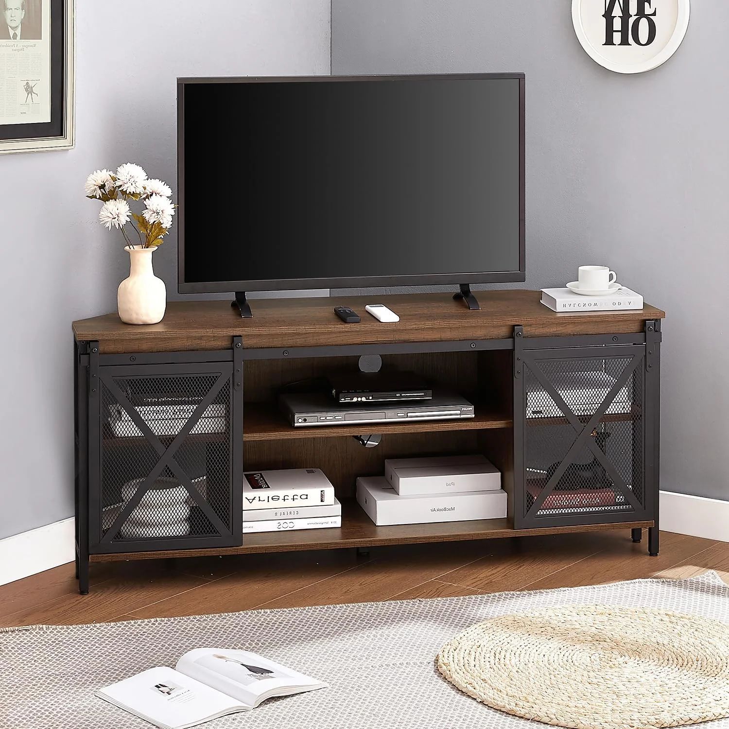 FJU Corner TV Stand, Corner TV Stand for 55 60 Inch TV, Industrial & Farmhouse Corner Entertainment Center w/Sliding Barn Door, Corner TV Cabinet for Living Room, Brown