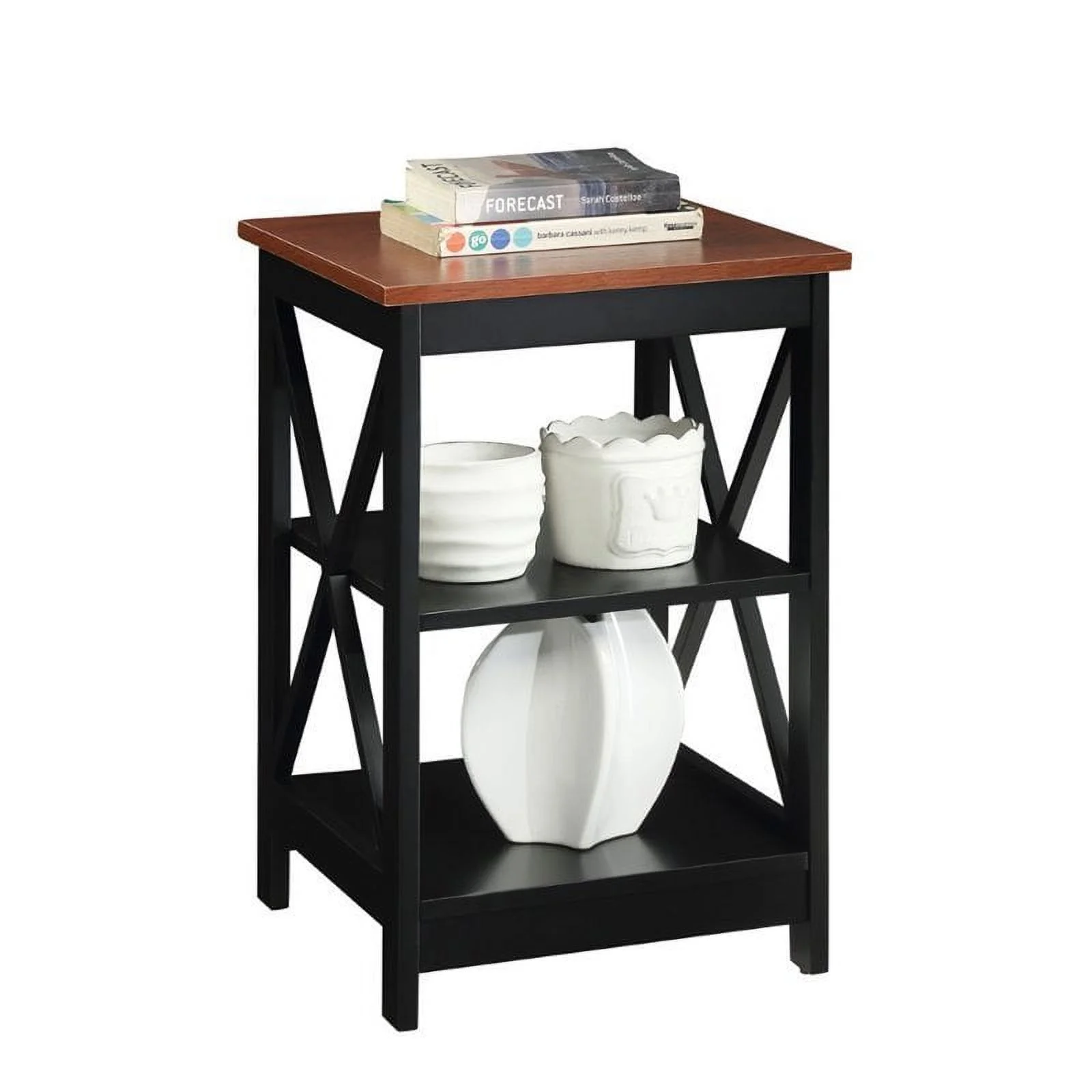Pemberly Row Transitional Wood End Table with Middle & Bottom Shelf in Cherry