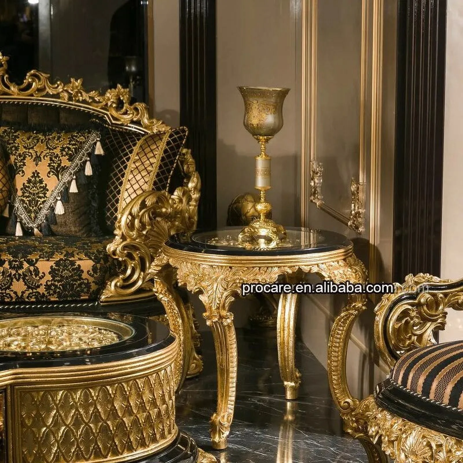 Luxury Antique Traditional Black Gold African Classical Baroque Royal Hand Carved Sofa Set Living Room Furniture Set