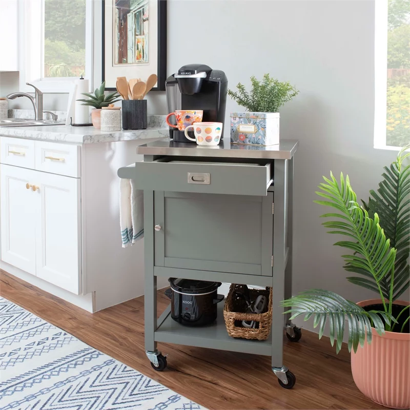 Riverbay Furniture Transitional Wood/Stainless Steel-Top Kitchen Cart in Gray
