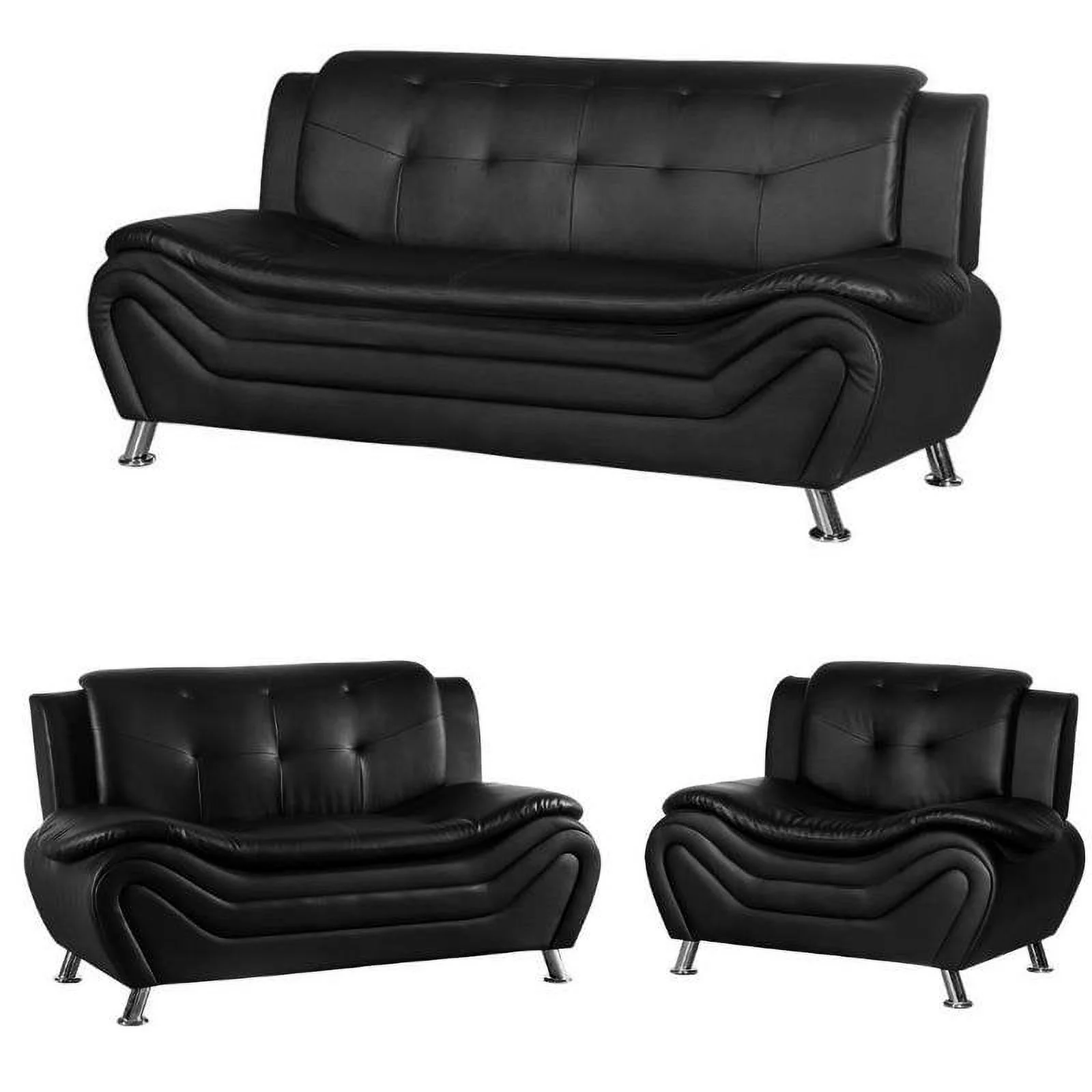 3 Piece Living Room Set with Sofa Loveseat and Armchair in Black
