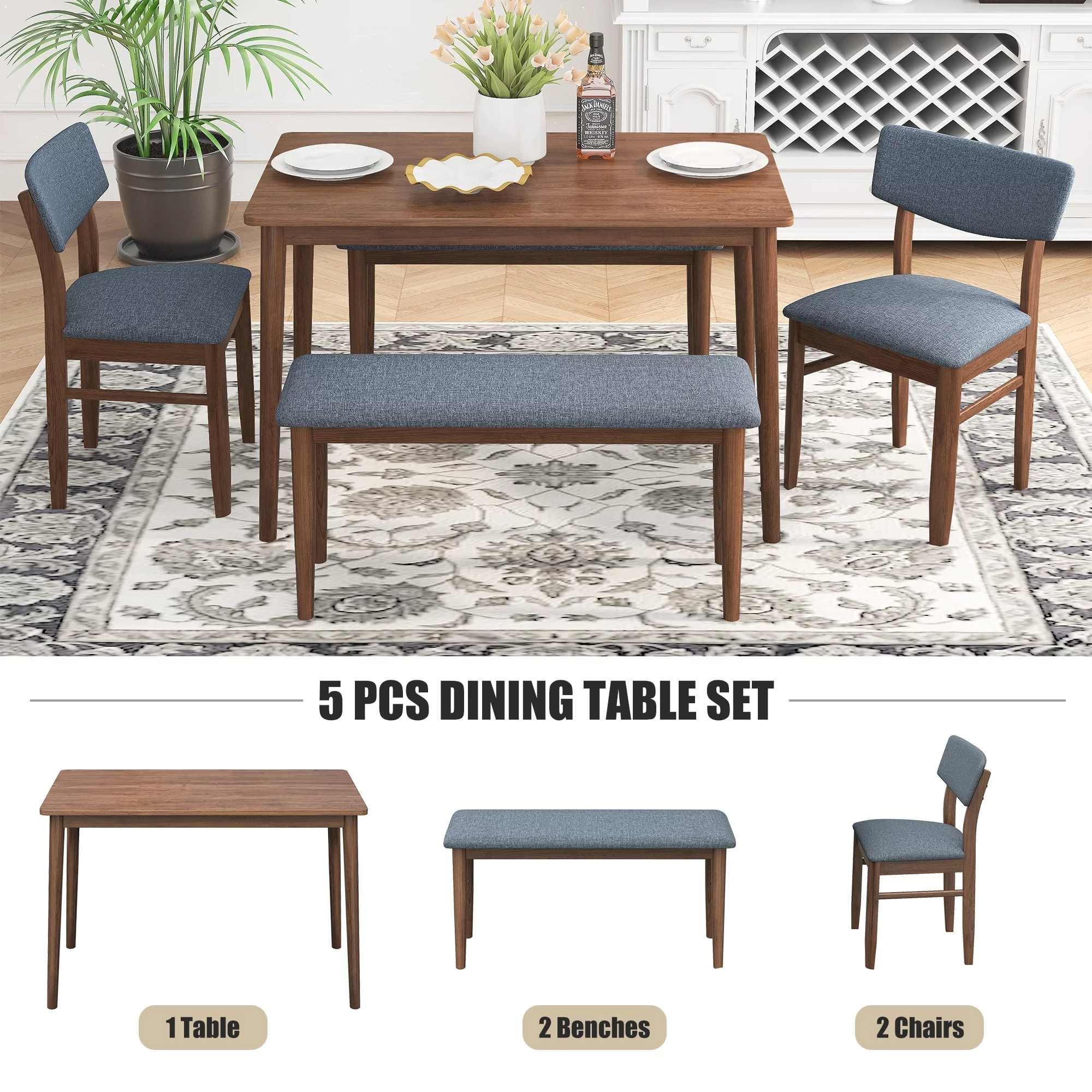 Walnut Retro 5-Piece Dining Table Set with Rubberwood Frame Table and Grey Fabric Cushioned Chair, Space-Saving Design