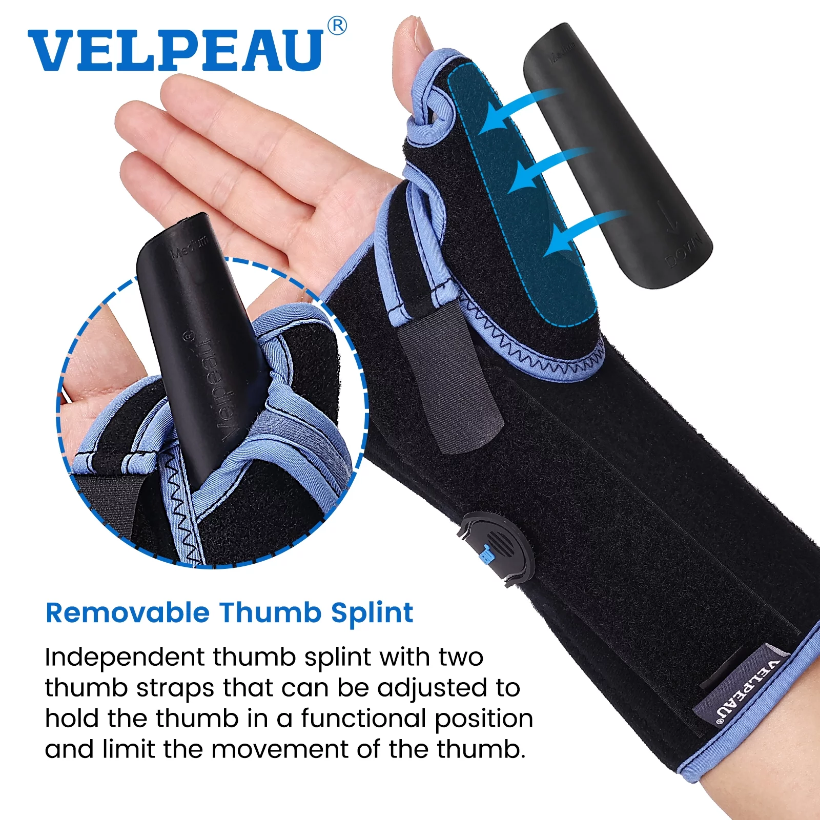 VELPEAU Wrist Brace with Thumb Spica Splint (Drawstring, Right Hand,Small)