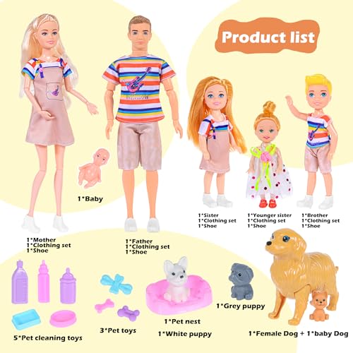 iBayda Family Dollhouse Dolls Playset - 6 People with Dollhouse Pets Included Pregnant Mom Dad 3 Kids and Accessories for 3-12 Years Old Toddlers Gift