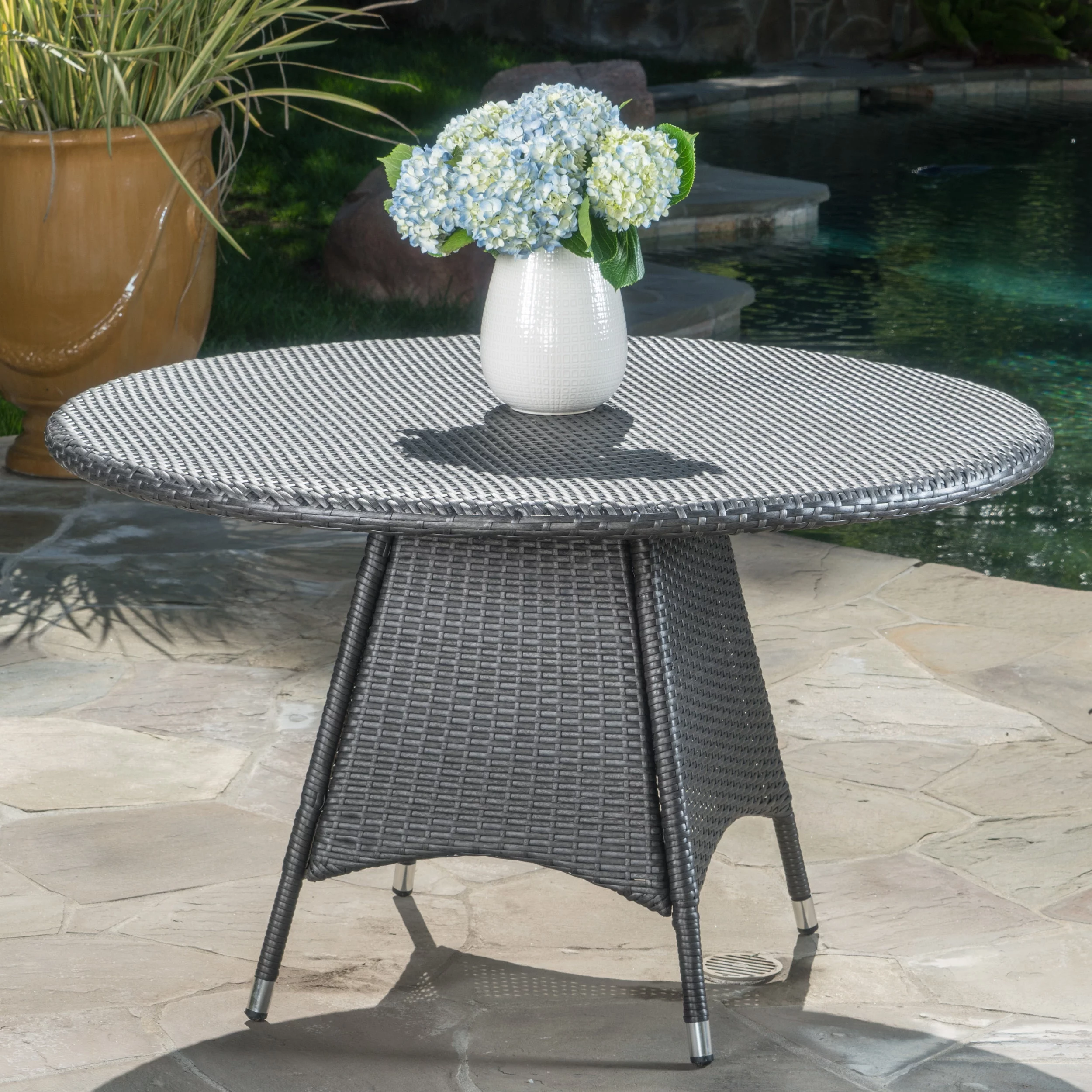 Ramsey Outdoor Wicker Round Dining Table, Grey