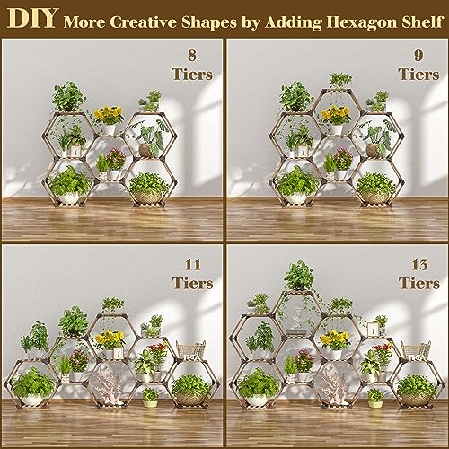 Tikea Plant Stand Indoor Hexagonal Plant Stand for Multiple Plants Indoor Outdoor Large Wooden Plant Shelf Creative DIY 6 Tiered Flowers Stand Rack for Living Room Balcony Patio Window