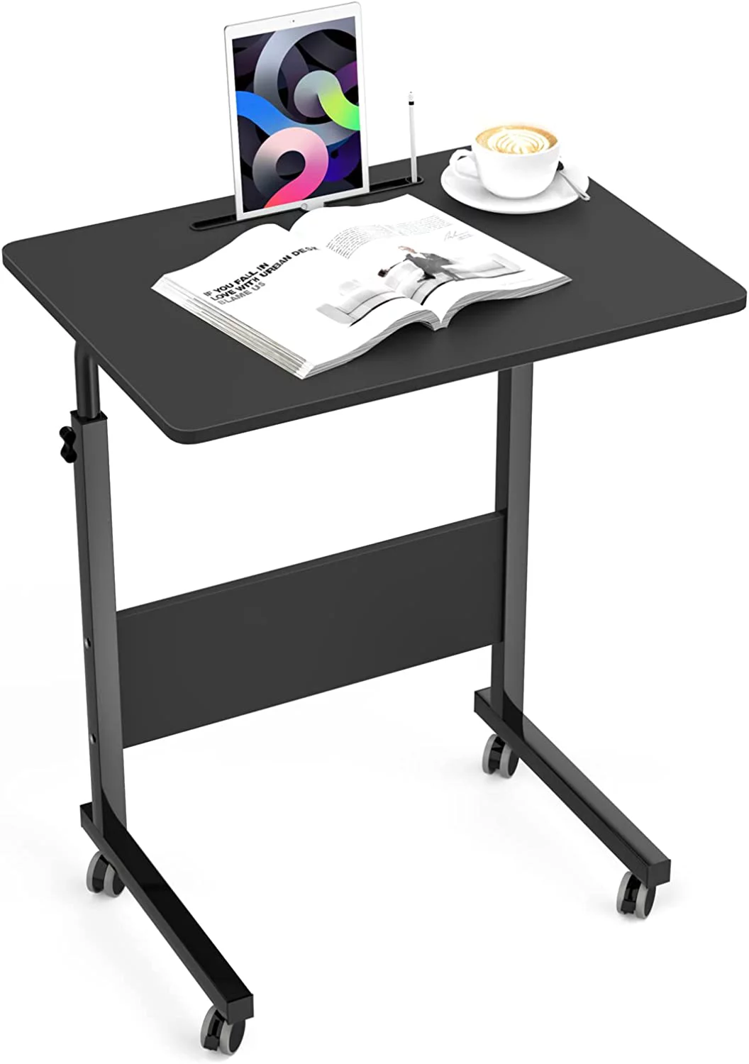 SogesPower C-Shaped Side End Table with Wheels, Mobile Office Desk, 23.6