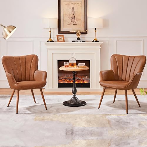 Yaheetech PU Leather Armchair, Modern Accent Chair with Metal Legs, Comfy Upholstered Barrel Chair for Living Room Bedroom Vanity Room, Brown