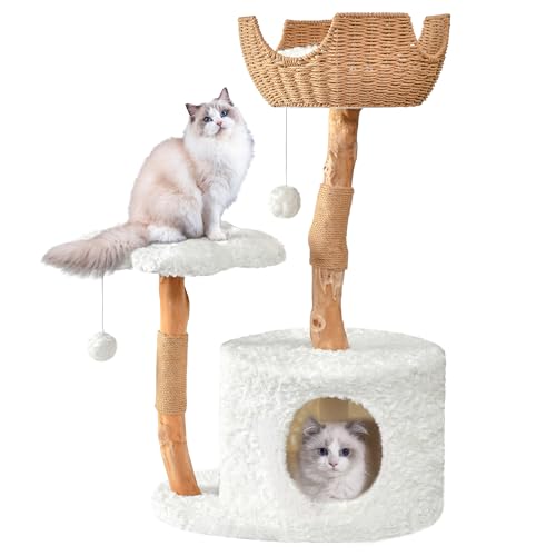 Modern Cat Tree, Wood Cat Tree Tower for Small Cats, Luxury Cat Condo with Scratching Posts and Flower Platforms, Cat Furniture by Easyego, (White)