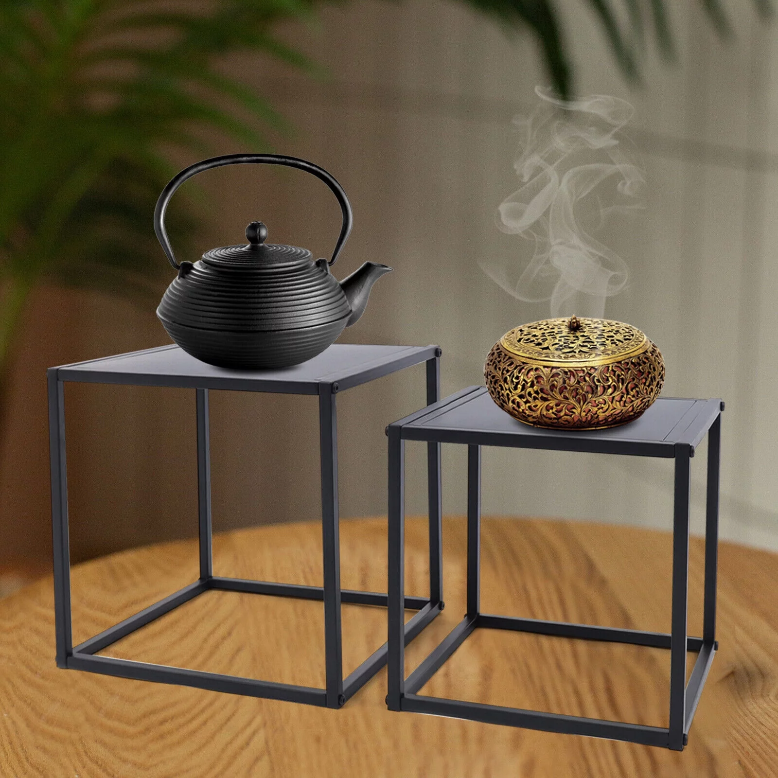 2Pcs Modern Square Metal Coffee Table Side Table End Table Matt Black Home Office