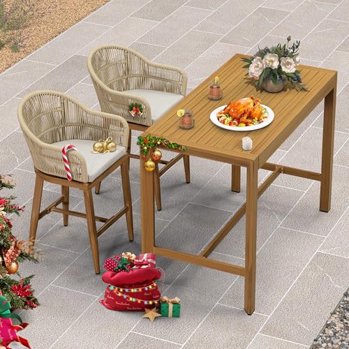 PURPLE LEAF 3 Pieces Outdoor Counter Height Bar Stools Set Patio Aluminium Modern Wicker Bar Chairs and Dining Bistro Bar Table for Balcony Garden Indoor Kitchen Poolside Teak