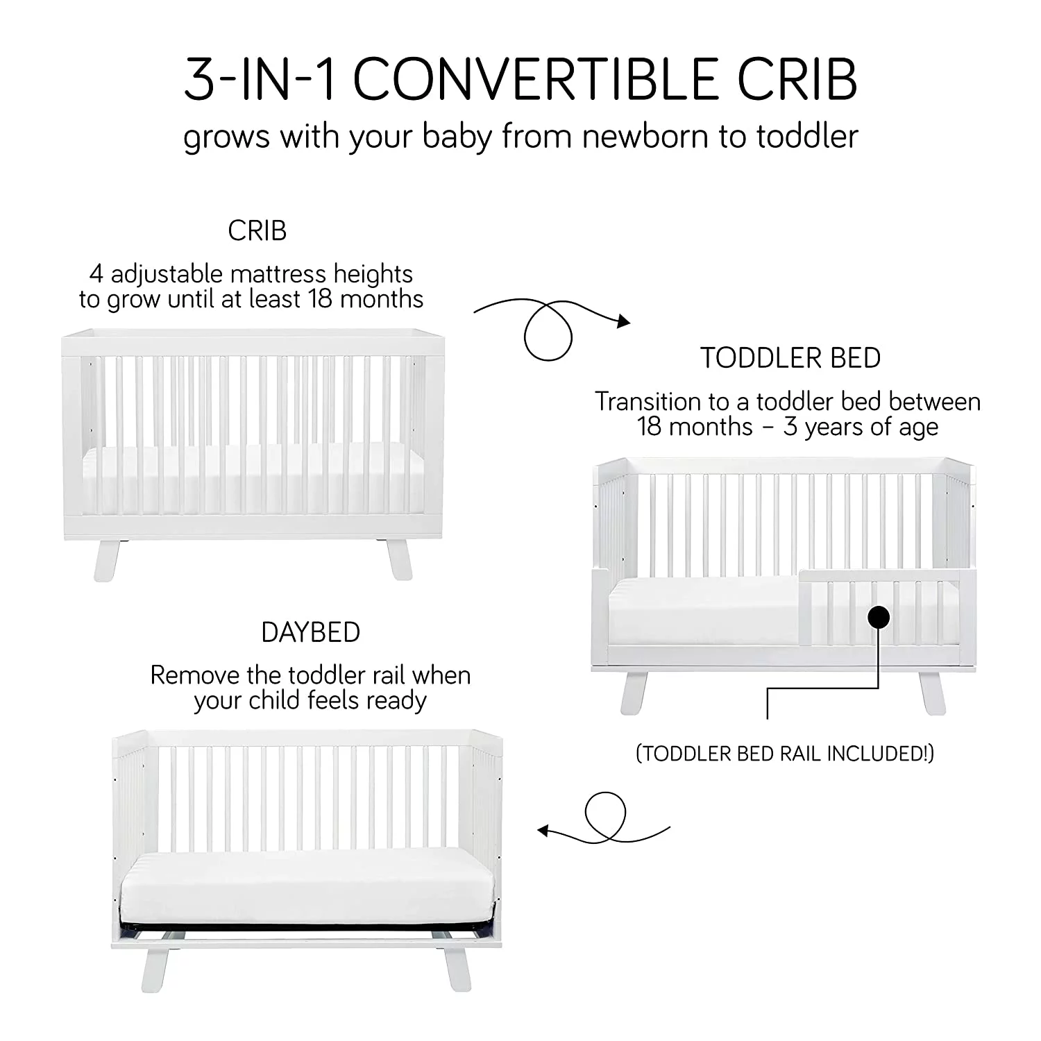 3-in-1 Convertible Crib with Toddler Bed Conversion Kit in Black, Greenguard Gold Certified