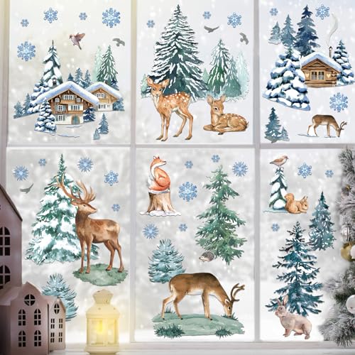94Pcs Winter Window Decals - Christmas Tree & Reindeer Window Stickers for Glass - Xmas Decorations for Home, Classroom, Shop, Offices