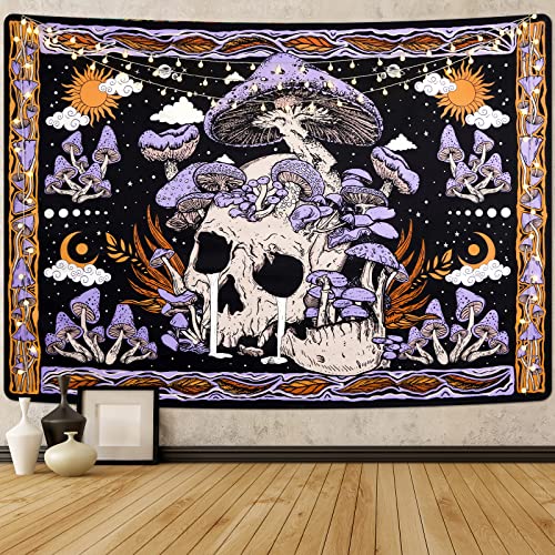 Uspring Mushroom Skull Wall Tapestry - Trippy Skeleton Design with Leaves, Purple, Large (70.9 x 92.5 inches) for Bedroom or Room Decor