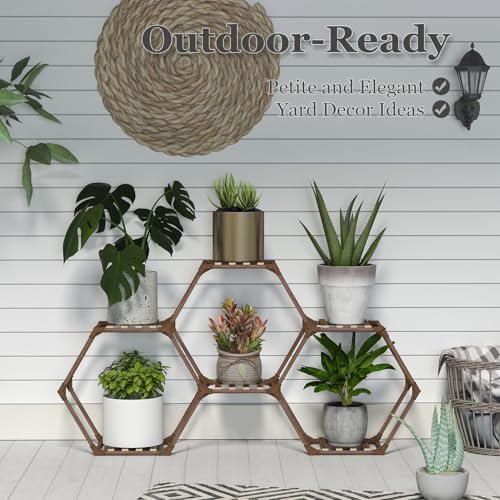Tikea Plant Stand Indoor Hexagonal Plant Stand for Multiple Plants Indoor Outdoor Large Wooden Plant Shelf Creative DIY 6 Tiered Flowers Stand Rack for Living Room Balcony Patio Window