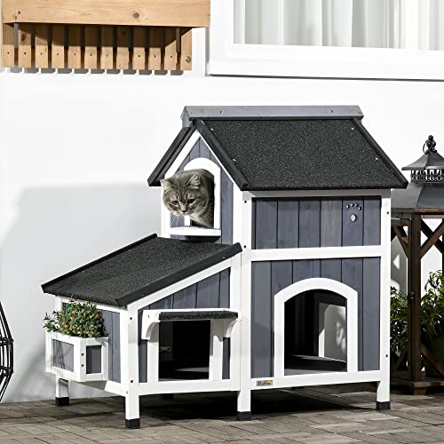 PawHut Outdoor Cat House with Weather-Resistant Roof & Garden Bed, Outdoor Cat Shelter Enclosure with Multiple Entrances, Modern Cat Furniture Hideout, Cat Gifts, Gray