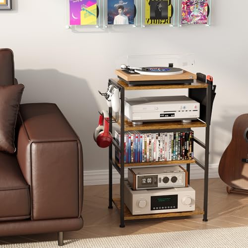 4-Tier AV Media Stand with Drawer, Video Game Console Shelf with 2 Hooks, Audio Rack Tower Perfect for/Xbox/ PS5/Switch/Game Consoles/DVD/Record Player/Projector/Sky Box/TV Accessories