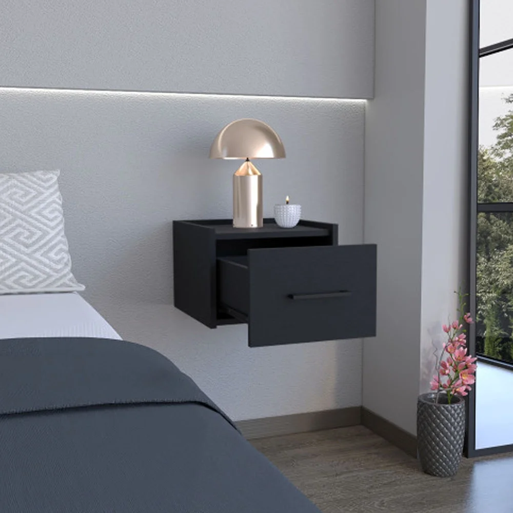 Floating Nightstand, Space-Saving Design with Handy Drawer and Surface, Black