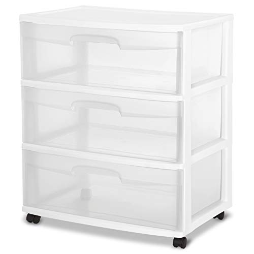 Medium Rolling Plastic Storage Drawer Cart with 3 Clear Drawers – Versatile Organizer and Plastic Storage Shelves for Home Office, White