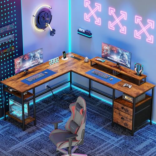 Furologee 66” L Shaped Desk with Power Outlet, Reversible Computer Gaming Desk with File Drawer & 2 Monitor Stands for Home Office with Storage Shelves, Rustic Brown