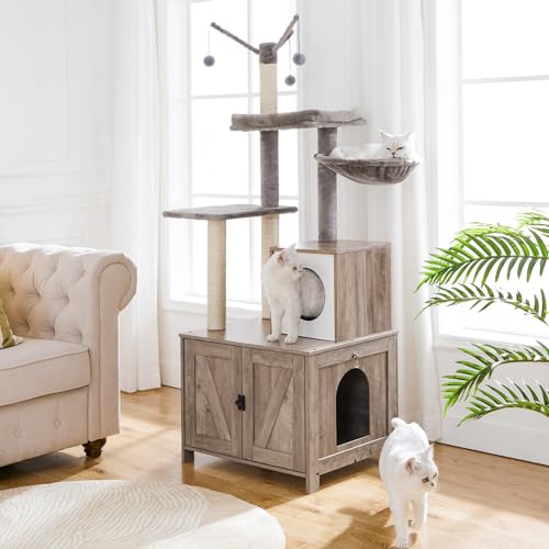 HOOBRO Cat Tree with Litter Box Enclosure for Indoor, Wooden Cat Condo with Scratching Posts, Hidden Litter Box Furniture, All-in-One Cat House, Rustic Brown FG15MZ03