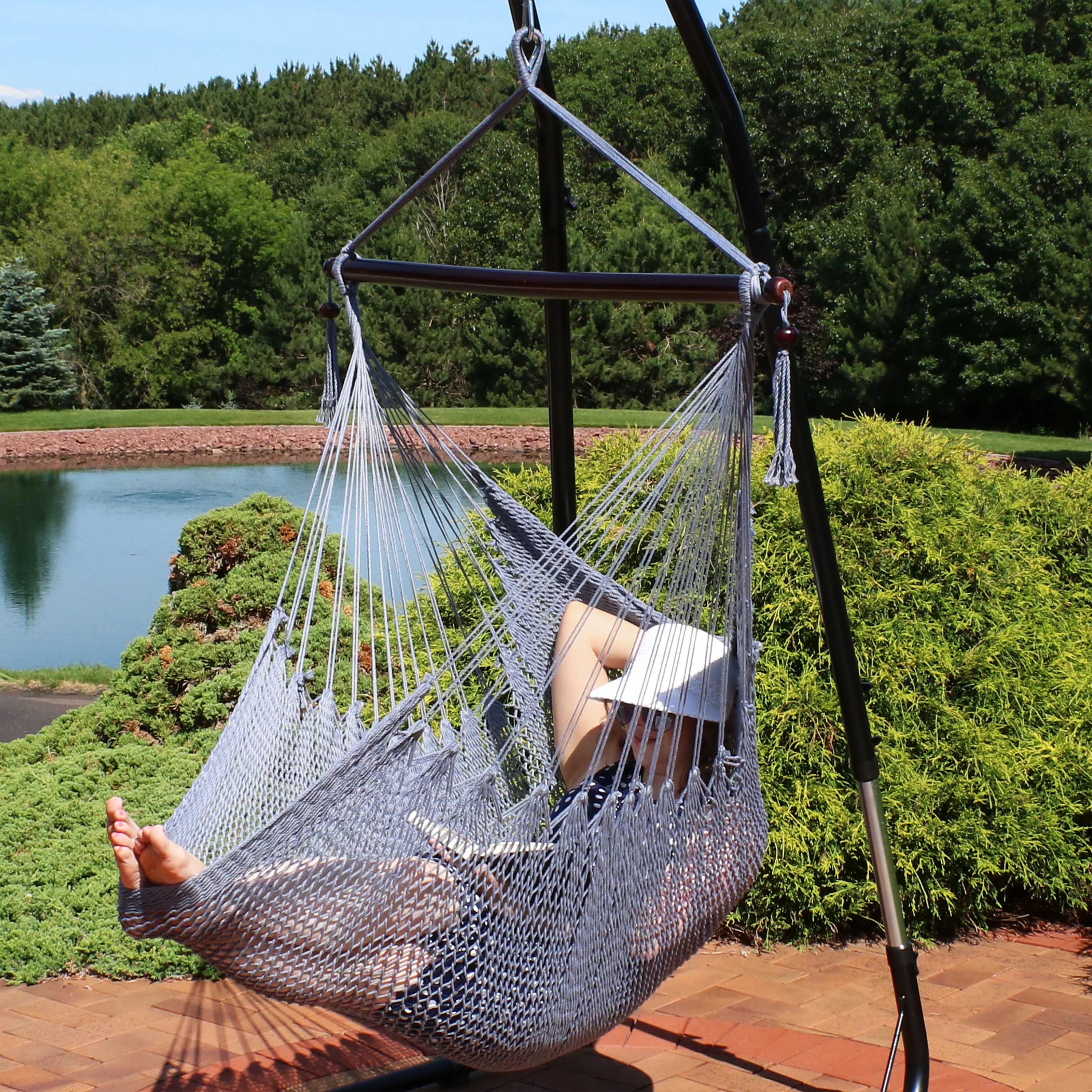 Sunnydaze Modern Boho Style Soft Spun Polyester Rope Hanging Caribbean XL Hammock Chair Swing - Gray